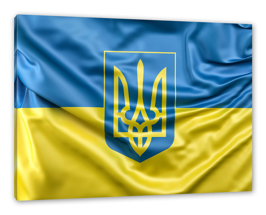 Pixxprint Ukraine Flagge mit Wappen, Leinwandbild