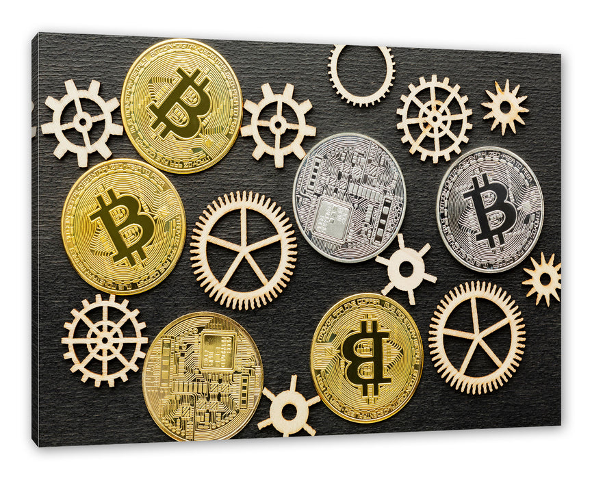 Pixxprint Bitcoins BTC mit Zahnrädern, Leinwandbild