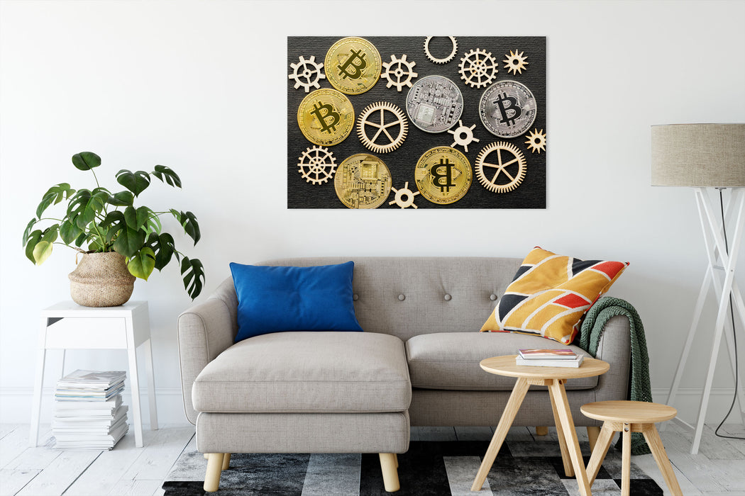 Bitcoins BTC mit Zahnrädern Leinwandbild Wohnzimmer Rechteckig