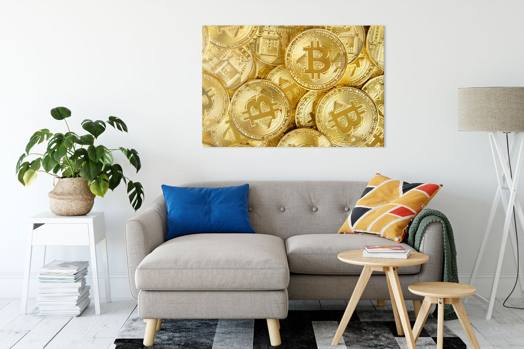 goldfarbene Bitcoins BTC Leinwandbild Wohnzimmer Rechteckig