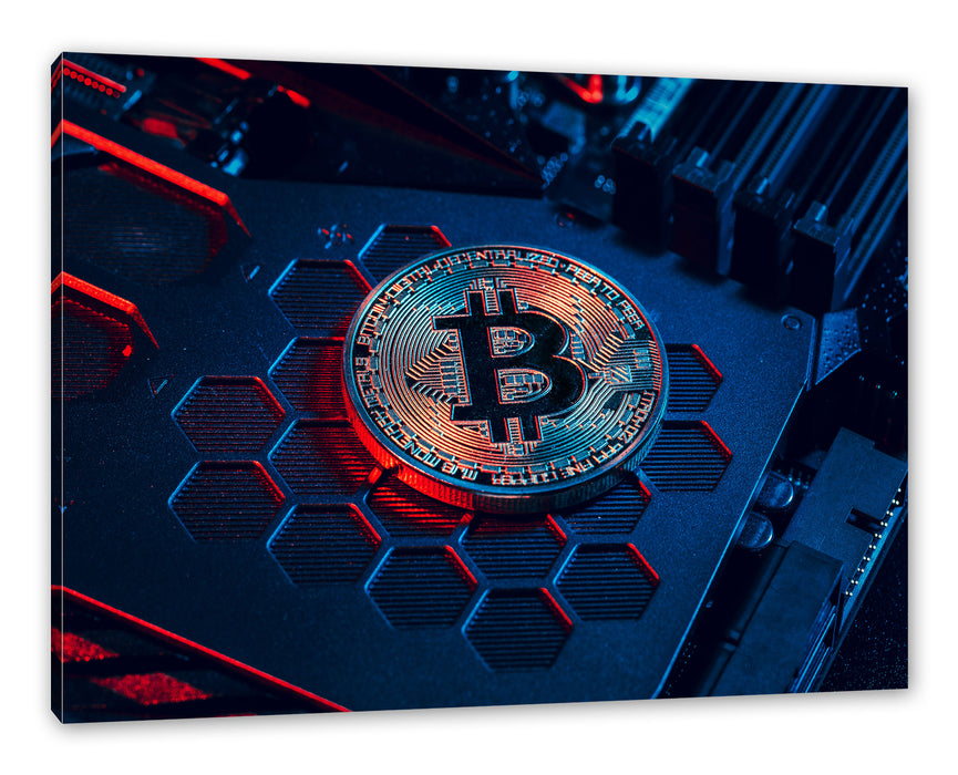 Pixxprint Bitcoin BTC auf Computerchip, Leinwandbild