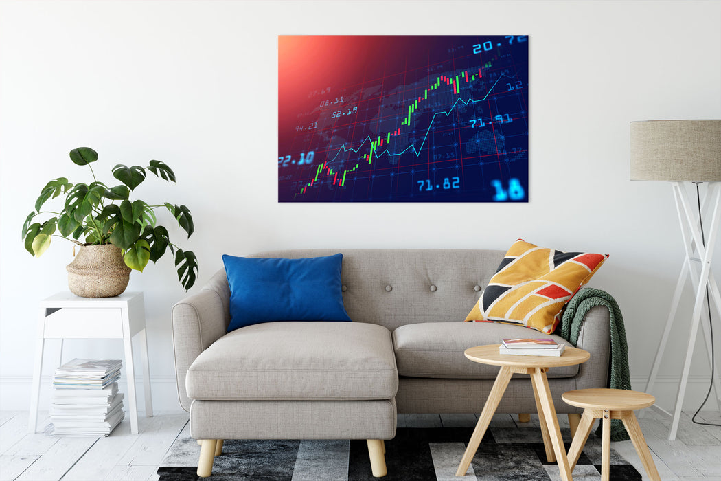 Aktienmarkt blau/ rot Leinwandbild Wohnzimmer Rechteckig