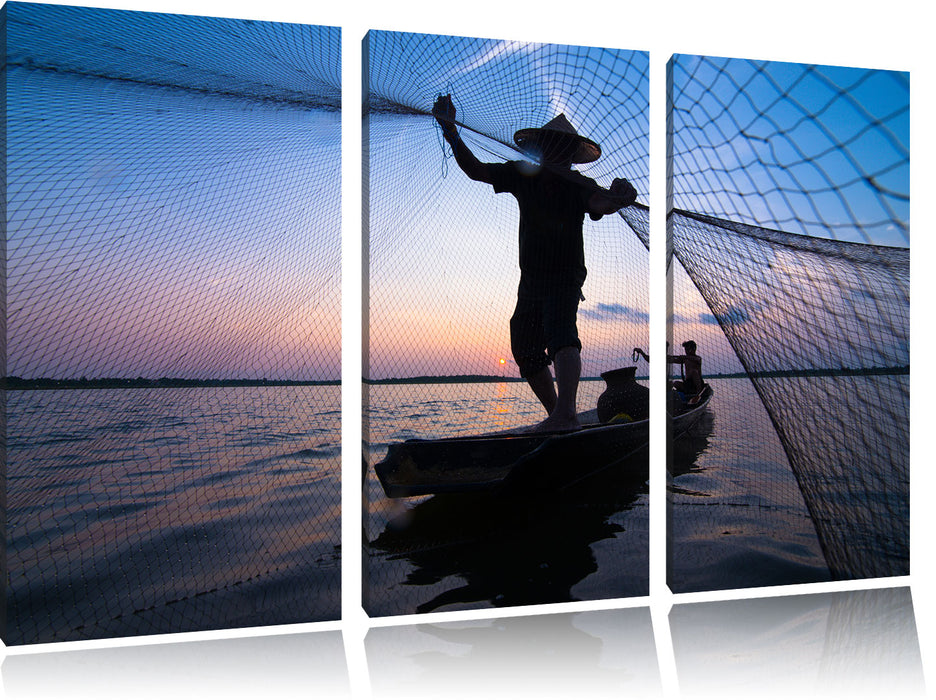 Fischer wirft sein Netz Leinwandbild 3 Teilig