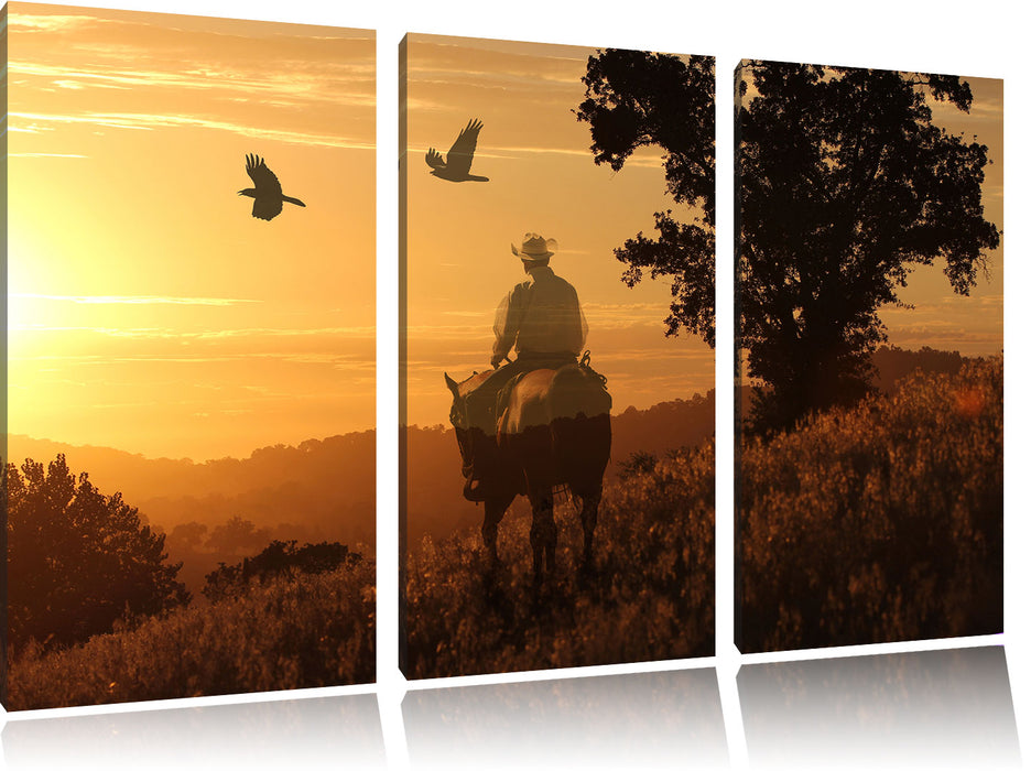 Ein Cowboy im Sonnenuntergang Leinwandbild 3 Teilig
