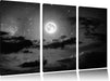 Leuchtender Mond am Nachthimmel B&W Leinwandbild 3 Teilig