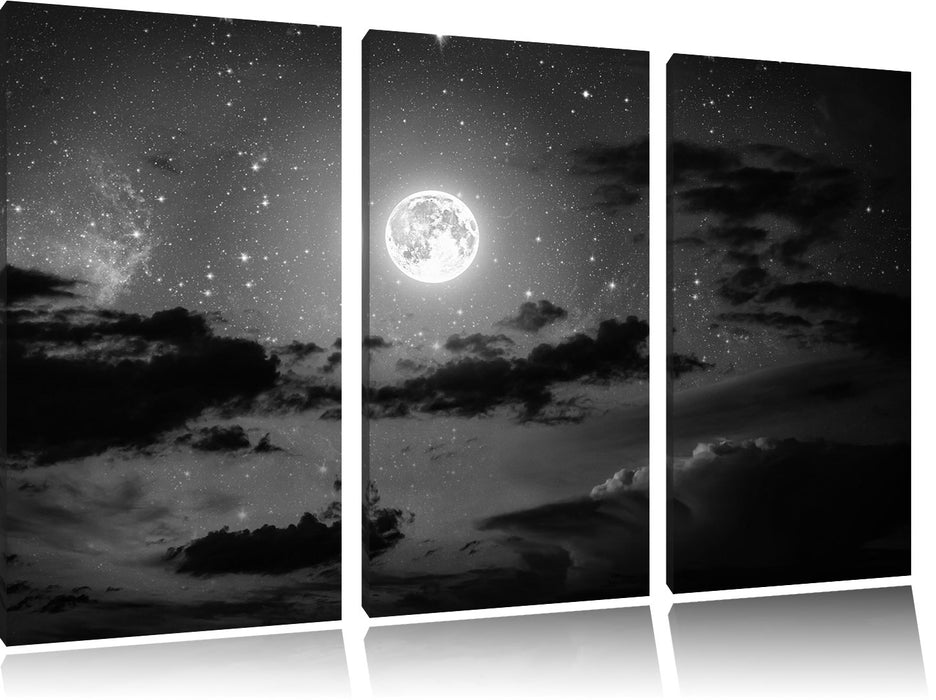 Leuchtender Mond am Nachthimmel B&W Leinwandbild 3 Teilig