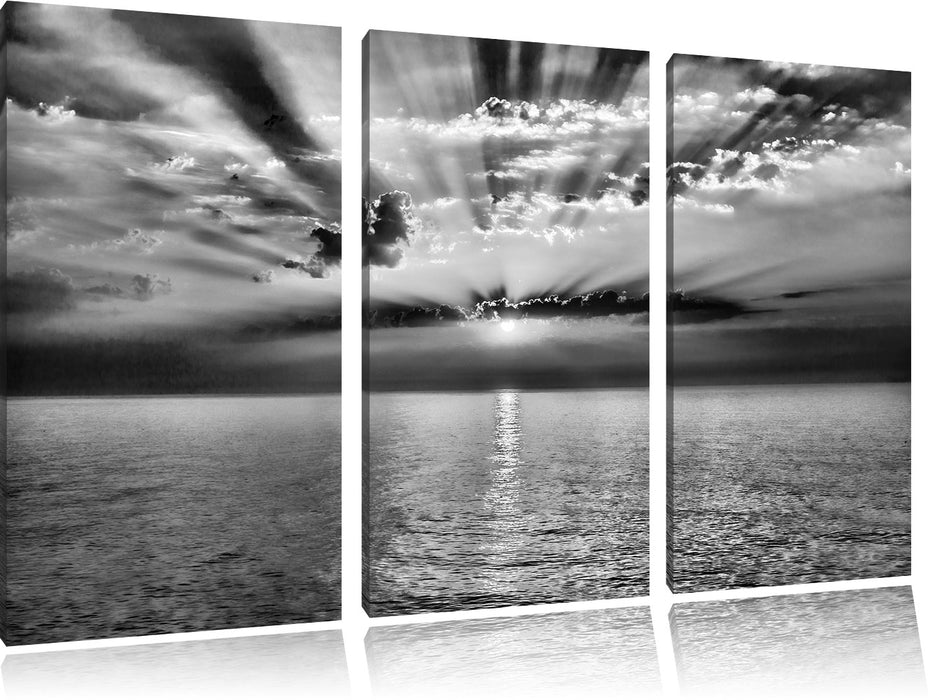 Meer im Sonnenaufgang B&W Leinwandbild 3 Teilig