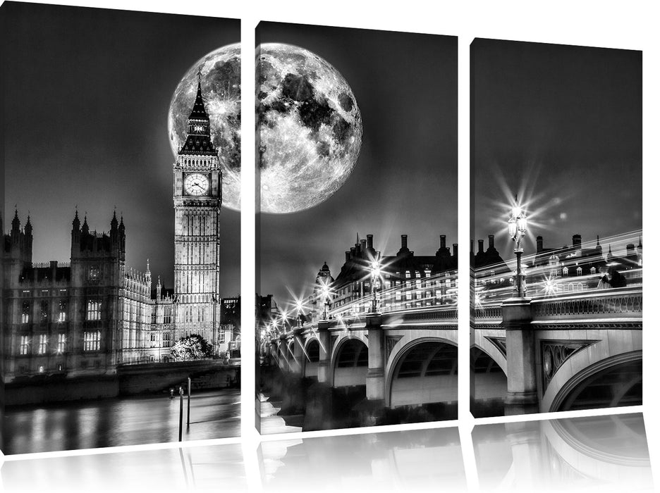 Big Ben vor Mond in London Leinwandbild 3 Teilig