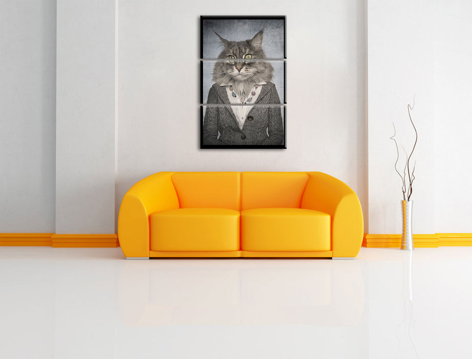 Katzenkopf mit Menschenkörper Blazer Leinwanbild Wohnzimmer 3Teilig