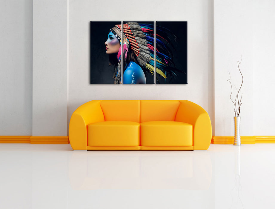 Frau mit buntem indianischen Kopfschmuck Leinwanbild Wohnzimmer 3Teilig