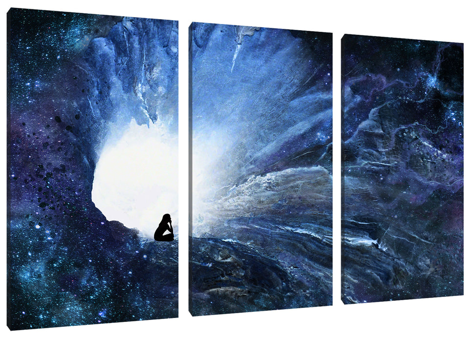 meditierende Frau vor Loch in Galaxie Leinwanbild 3Teilig