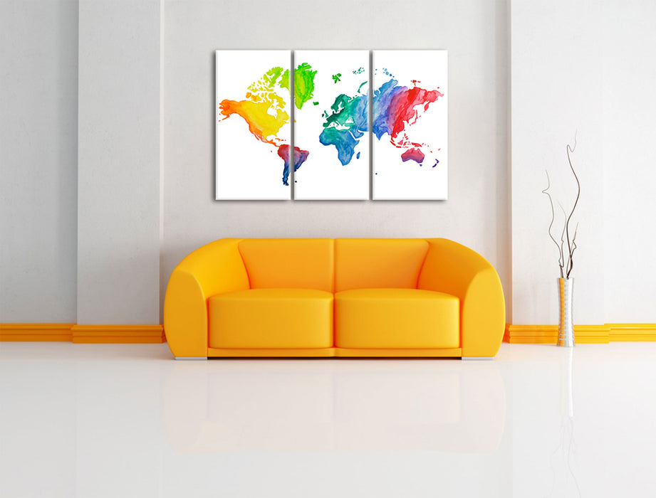 Bunte Weltkarte in Aquarell-Farben Leinwanbild Wohnzimmer 3Teilig