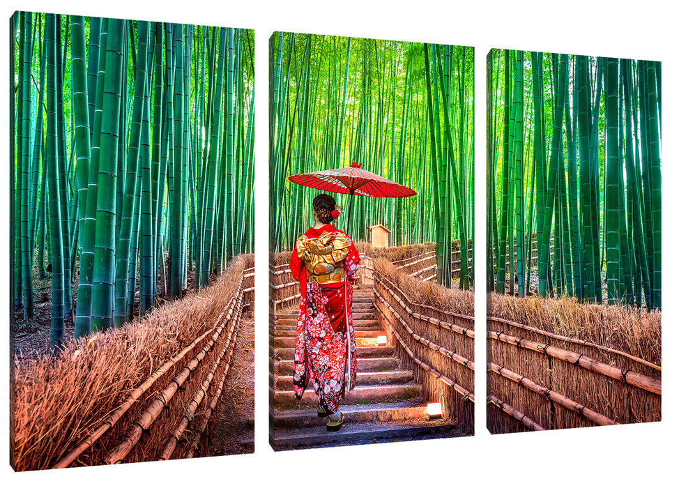 Frau im janapischen Kimono im Bambuswald Leinwanbild 3Teilig