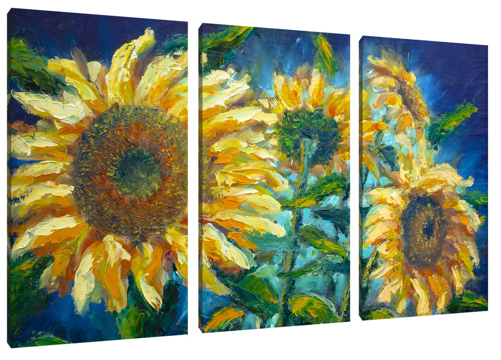 Sonnenblumen vor blauem Hintergrund Leinwanbild 3Teilig