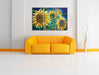 Sonnenblumen vor blauem Hintergrund Leinwanbild Wohnzimmer 3Teilig