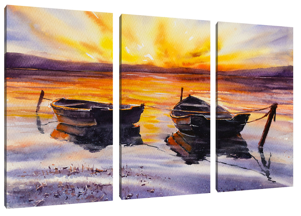 Zwei angeleinte Boote bei Sonnenuntergang Leinwanbild 3Teilig