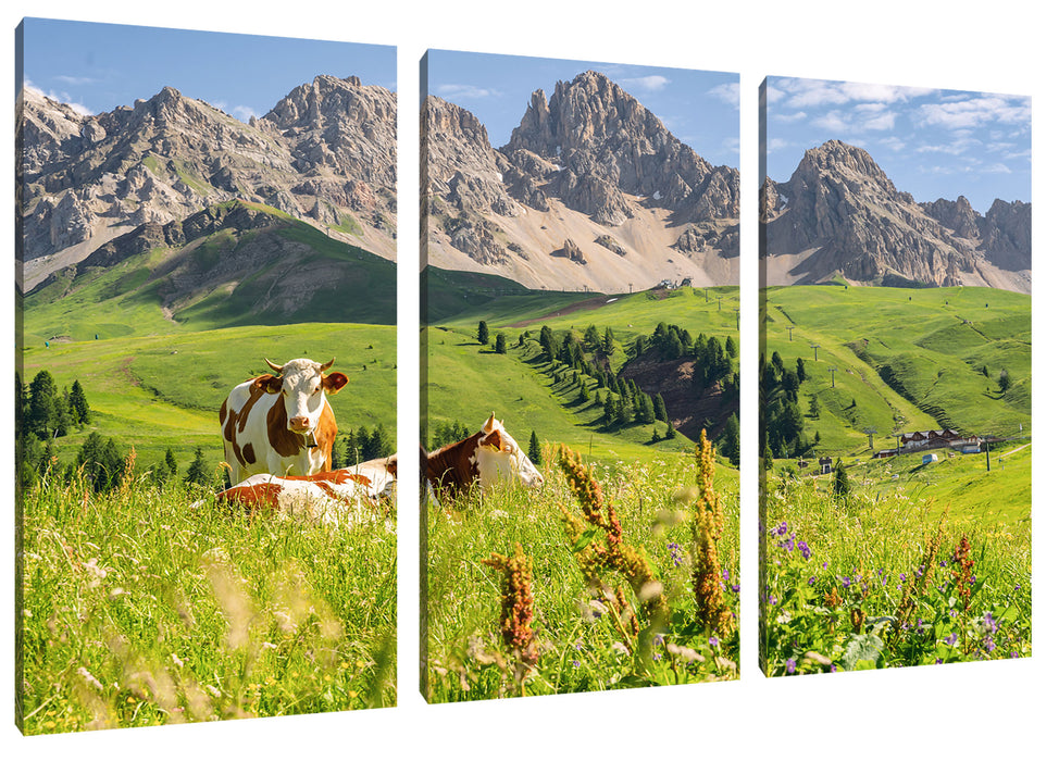 Alpenszene mit Kühen auf grüner Wiese Leinwanbild 3Teilig