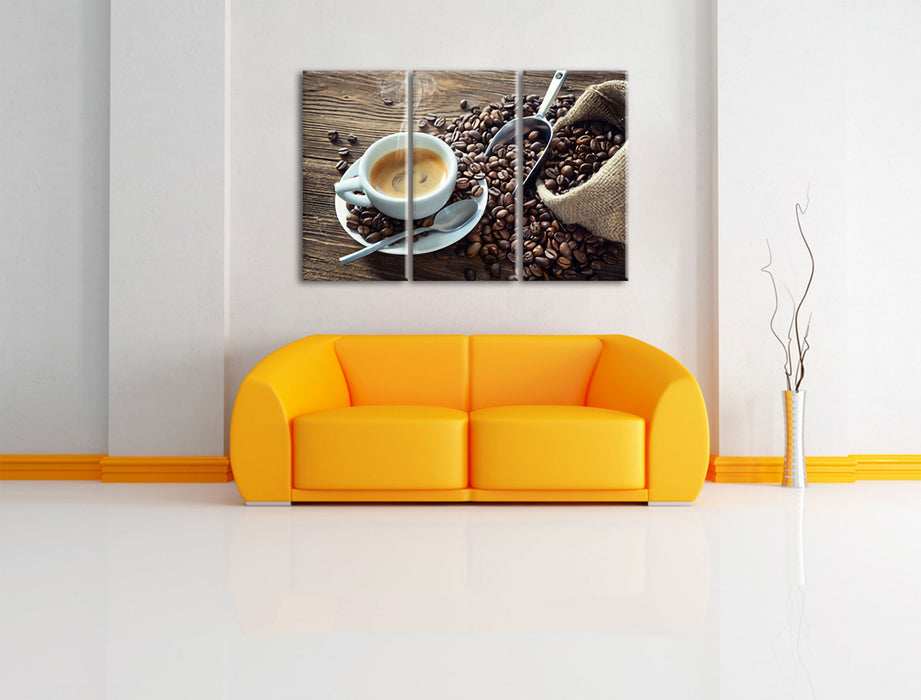 Espressotasse mit Kaffeebohnen Leinwanbild Wohnzimmer 3Teilig