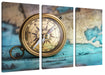 Alter Kompass auf Weltkarte Leinwanbild 3Teilig