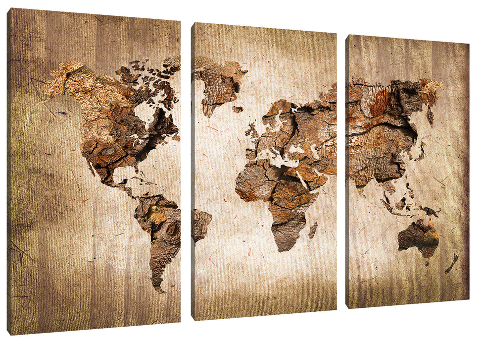 Weltkarte auf altem Holz Leinwanbild 3Teilig