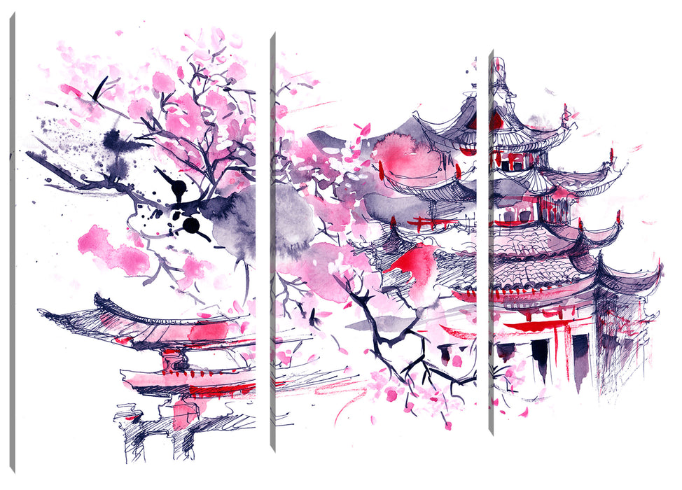 Japanischer Tempel Wasserfarben Leinwanbild 3Teilig