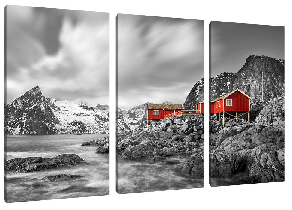 Einsames rotes Haus am Meer in Norwegen B&W Detail Leinwanbild 3Teilig