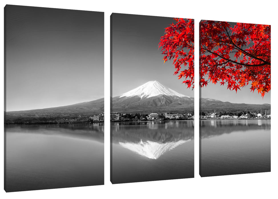 Berg Fujiyama mit herbstlich rotem Baum B&W Detail Leinwanbild 3Teilig