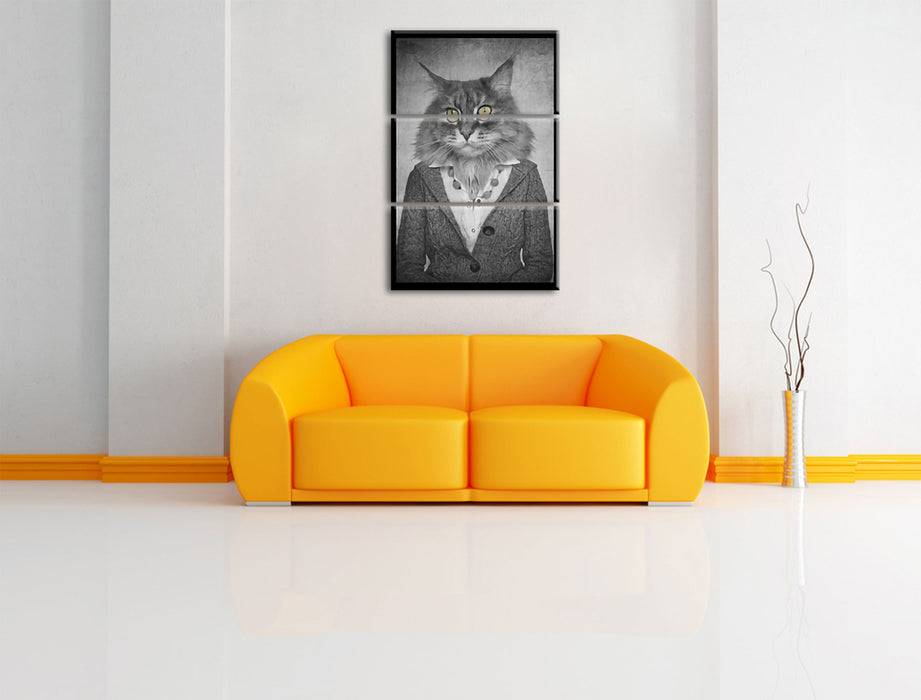 Katzenkopf mit Menschenkörper Blazer B&W Detail Leinwanbild Wohnzimmer 3Teilig
