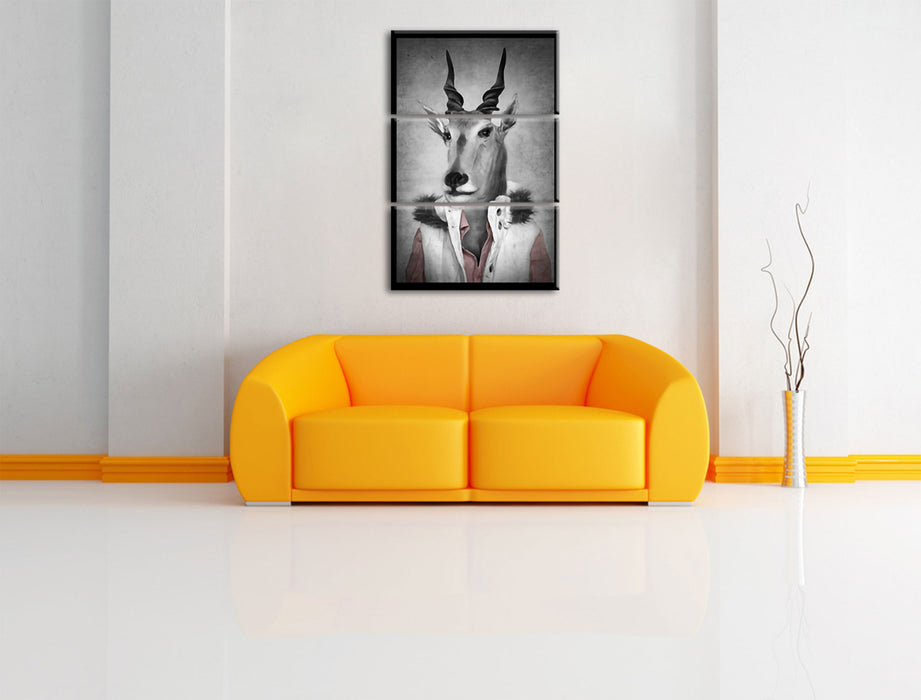 Antilopenkopf mit Menschenkörper B&W Detail Leinwanbild Wohnzimmer 3Teilig