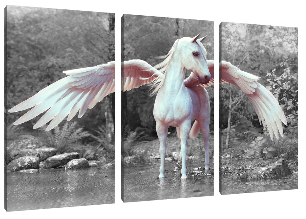 Pegasus im Fluss eines Herbstwaldes B&W Detail Leinwanbild 3Teilig