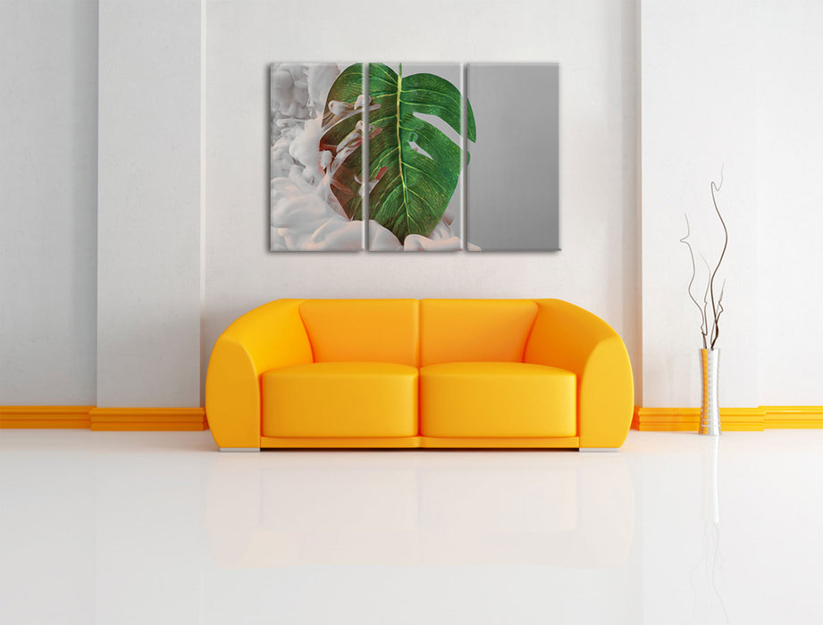 Monstera Blatt mit Pastelwolke B&W Detail Leinwanbild Wohnzimmer 3Teilig