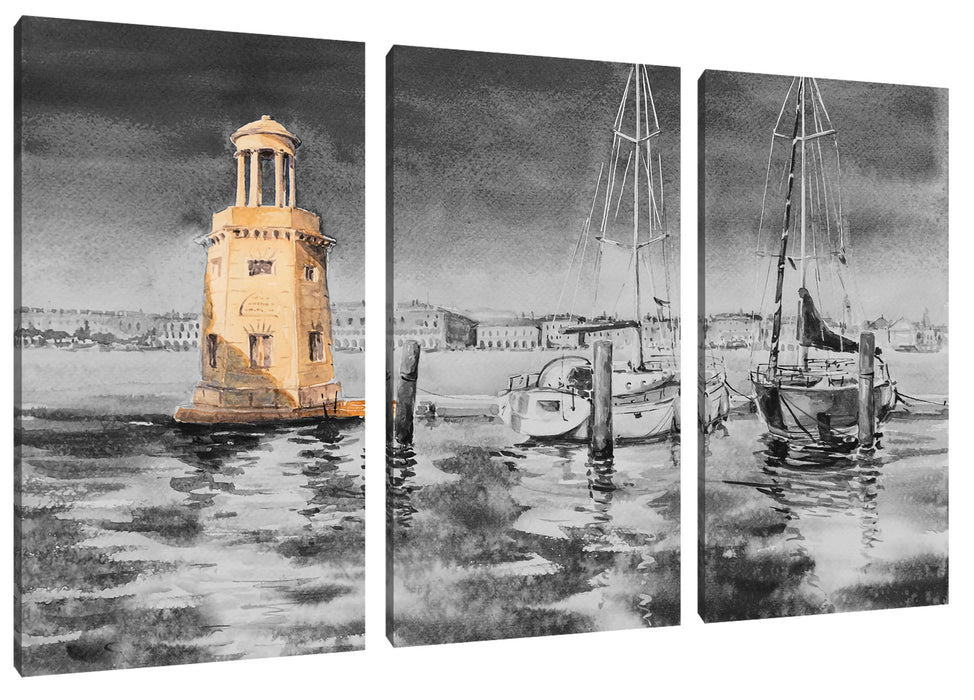 Segelschiffe im Hafen Venedigs B&W Detail Leinwanbild 3Teilig