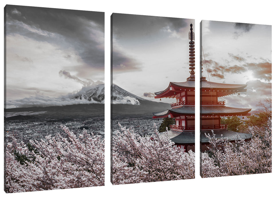 Japanischer Tempel zwischen Kirschblüten B&W Detail Leinwanbild 3Teilig
