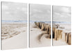Nahaufnahme Steg aus Holzpföcken am Meer B&W Detail Leinwanbild 3Teilig