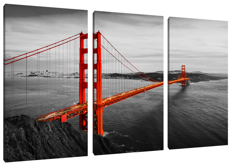 Golden Gate Bridge bei Sonnenuntergang B&W Detail Leinwanbild 3Teilig