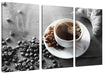 Tasse Kaffee mit Bohnen und Croissant B&W Detail Leinwanbild 3Teilig