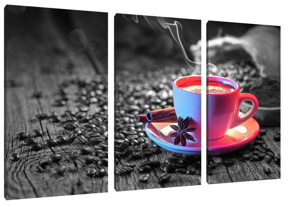 Kaffeetasse mit Bohnen auf Holztisch B&W Detail Leinwanbild 3Teilig