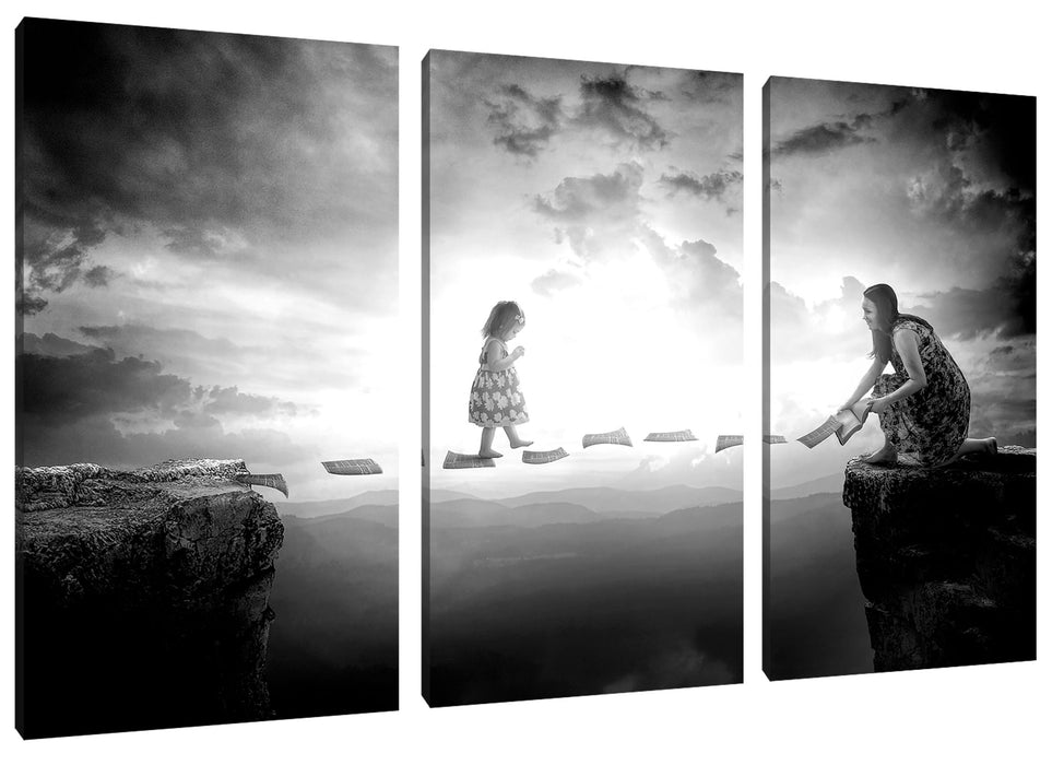 Kind läuft auf Papier über Abgrund, Monochrome Leinwanbild 3Teilig