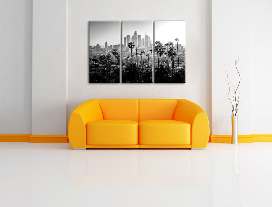 Palmen vor Skyline von Los Angeles, Monochrome Leinwanbild Wohnzimmer 3Teilig