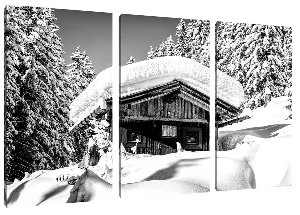 Verschneite Skihütte in Alpenwald, Monochrome Leinwanbild 3Teilig