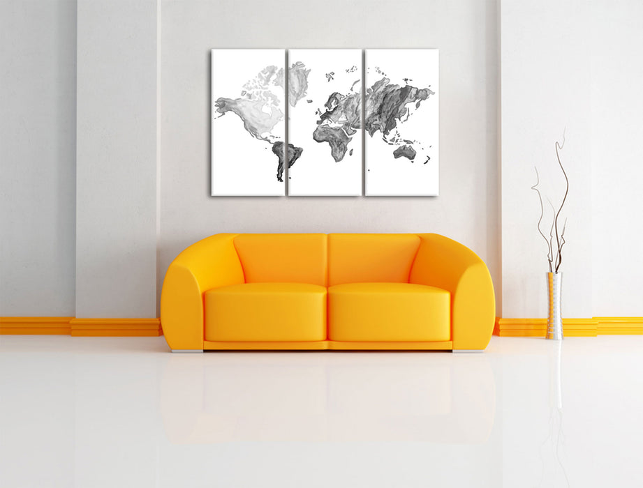 Bunte Weltkarte in Aquarell-Farben, Monochrome Leinwanbild Wohnzimmer 3Teilig