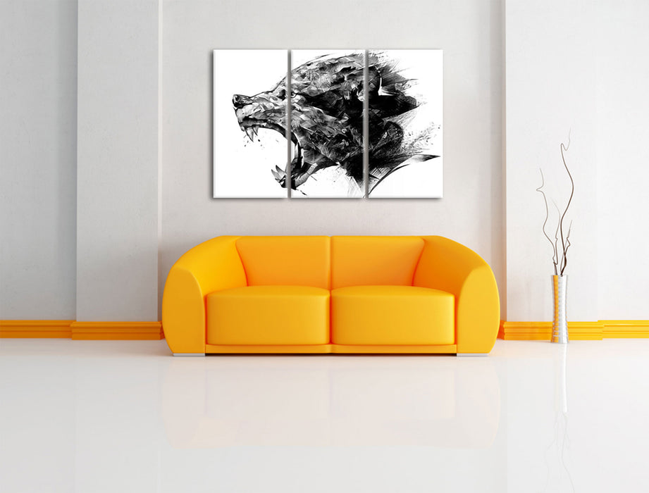 Abstrakter Wolfskopf im Profil, Monochrome Leinwanbild Wohnzimmer 3Teilig