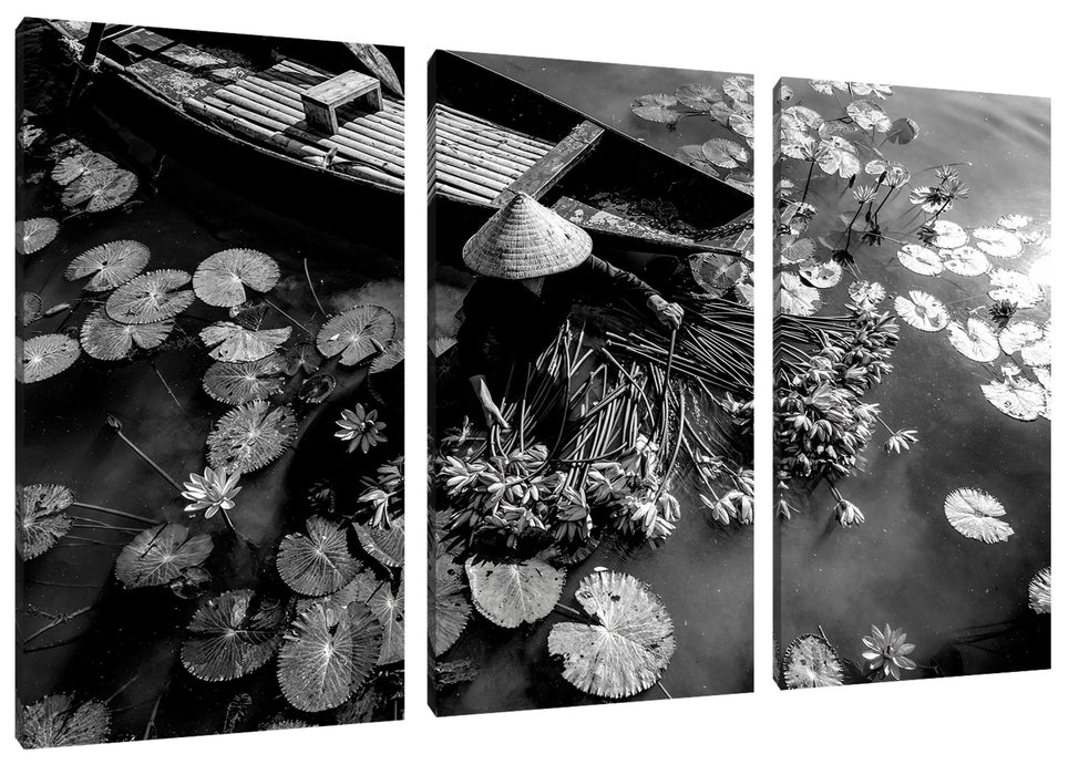 Wasserlilienernte mit Boot in Vietnam, Monochrome Leinwanbild 3Teilig