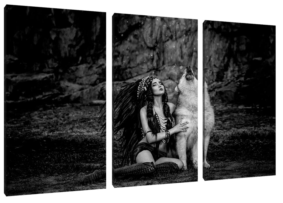 Indianische Frau und heulender Wolfshund, Monochrome Leinwanbild 3Teilig