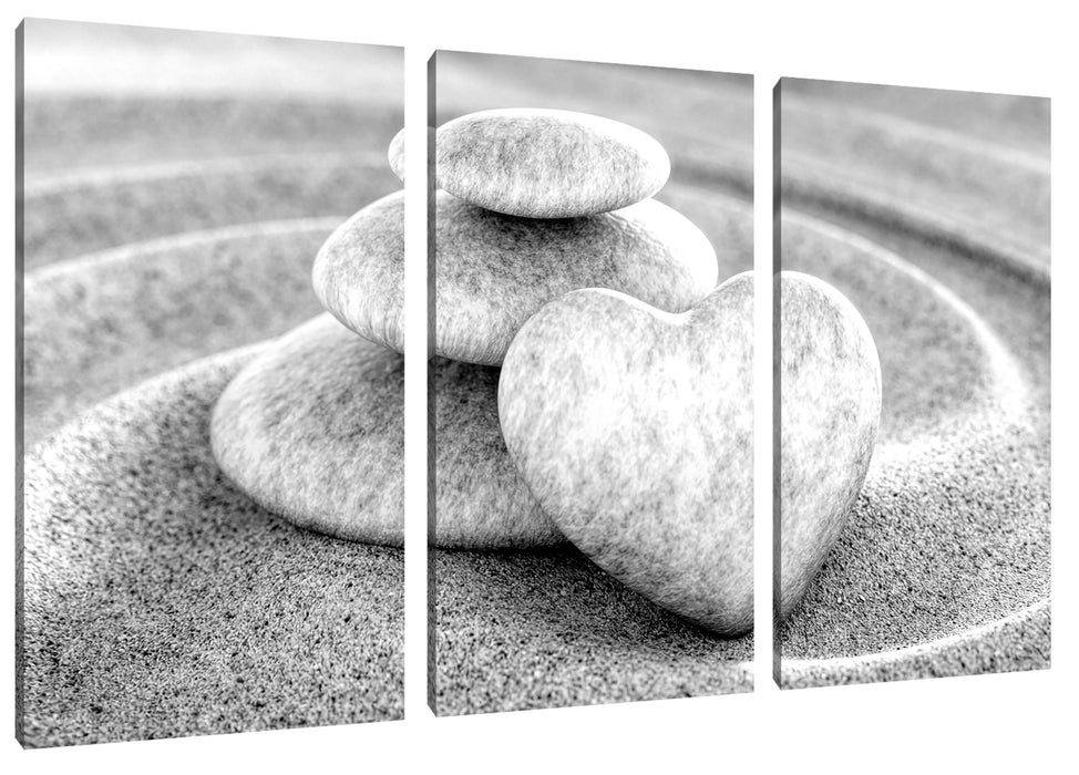 Steinturm mit Herz in Sandwellen, Monochrome Leinwanbild 3Teilig