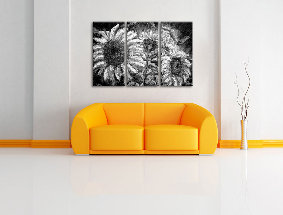 Sonnenblumen vor blauem Hintergrund, Monochrome Leinwanbild Wohnzimmer 3Teilig