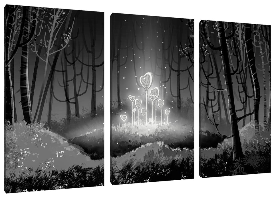 Leuchtende Zauberblumen im Wald, Monochrome Leinwanbild 3Teilig