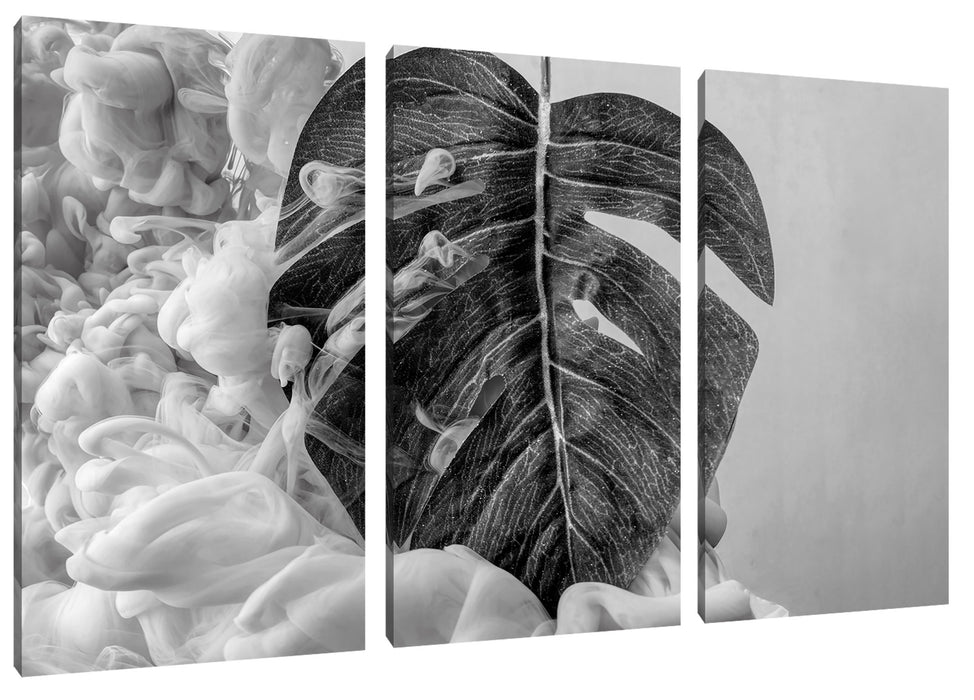 Monstera Blatt mit Pastelwolke, Monochrome Leinwanbild 3Teilig