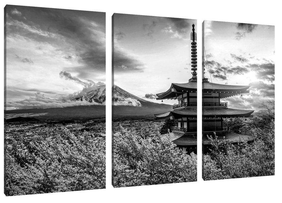 Japanischer Tempel zwischen Kirschblüten, Monochrome Leinwanbild 3Teilig