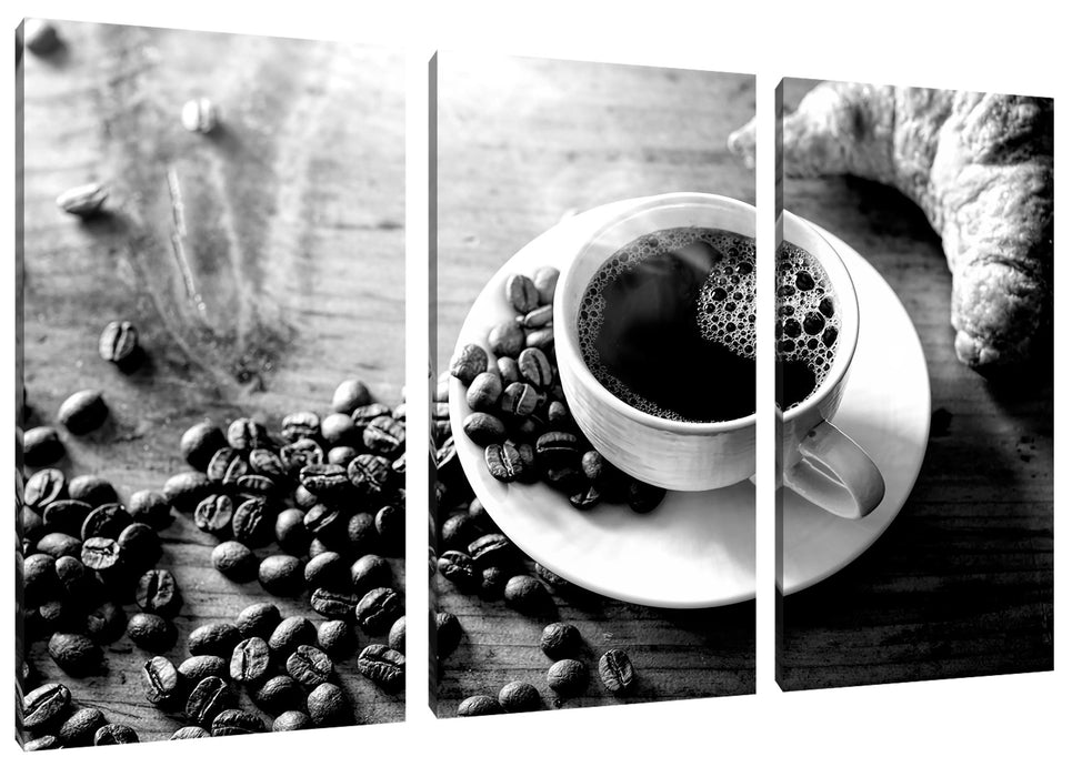 Tasse Kaffee mit Bohnen und Croissant, Monochrome Leinwanbild 3Teilig